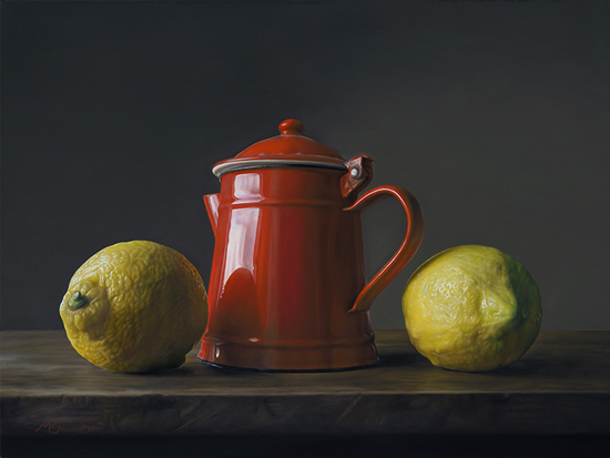 Still life with red coffee pot end two lemons van Marco Gasparri